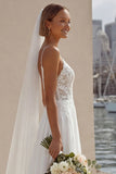 Ivory Lace A Line Sweep Train Wedding Dress with Slit