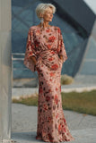Dusty Rose Floral Ruched Sheath Mother of the Bride Dress with Long Sleeve