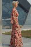 Dusty Rose Floral Ruched Sheath Mother of the Bride Dress with Long Sleeve
