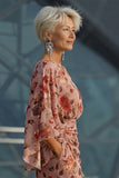 Dusty Rose Floral Ruched Sheath Mother of the Bride Dress with Long Sleeve