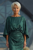 Pine Jacquard Sheath Ruched Mother of the Bride Dress with Half Sleeve