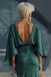 Pine Jacquard Sheath Ruched Mother of the Bride Dress with Half Sleeve