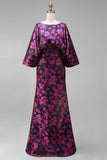 Fuchsia Flower Printed Sheath Ruched Mother of the Bride Dress with Flared Sleeves