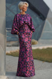 Fuchsia Flower Printed Sheath Ruched Mother of the Bride Dress with Flared Sleeves