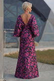 Fuchsia Flower Printed Sheath Ruched Mother of the Bride Dress with Flared Sleeves