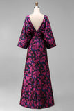 Fuchsia Flower Printed Sheath Ruched Mother of the Bride Dress with Flared Sleeves