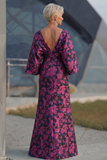 Fuchsia Flower Printed Sheath Ruched Mother of the Bride Dress with Flared Sleeves