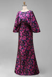 Fuchsia Flower Printed Sheath Ruched Mother of the Bride Dress with Flared Sleeves