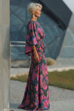 Fuchsia Flower Printed Sheath Ruched Mother of the Bride Dress with Flared Sleeves