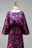 Fuchsia Flower Printed Sheath Ruched Mother of the Bride Dress with Flared Sleeves