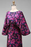 Fuchsia Flower Printed Sheath Ruched Mother of the Bride Dress with Flared Sleeves