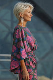 Fuchsia Flower Printed Sheath Ruched Mother of the Bride Dress with Flared Sleeves