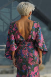 Fuchsia Flower Printed Sheath Ruched Mother of the Bride Dress with Flared Sleeves