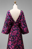 Fuchsia Flower Printed Sheath Ruched Mother of the Bride Dress with Flared Sleeves