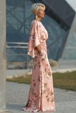 Dusty Rose Flower Printed Sheath Satin Mother of the Bride Dress with Flared Sleeves