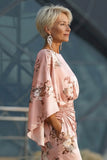 Dusty Rose Flower Printed Sheath Satin Mother of the Bride Dress with Flared Sleeves