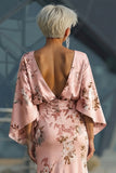 Dusty Rose Flower Printed Sheath Satin Mother of the Bride Dress with Flared Sleeves
