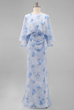 Dusty Rose Floral Chiffon Mother of the Bride Dress with Flared Sleeves