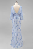 Dusty Rose Floral Chiffon Mother of the Bride Dress with Flared Sleeves