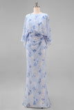 Dusty Rose Floral Chiffon Mother of the Bride Dress with Flared Sleeves