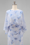 Dusty Rose Floral Chiffon Mother of the Bride Dress with Flared Sleeves