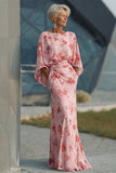 Dusty Rose Floral Chiffon Mother of the Bride Dress with Flared Sleeves