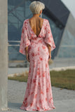 Dusty Rose Floral Chiffon Mother of the Bride Dress with Flared Sleeves