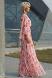 Dusty Rose Floral Chiffon Mother of the Bride Dress with Flared Sleeves