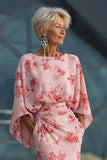 Dusty Rose Floral Chiffon Mother of the Bride Dress with Flared Sleeves