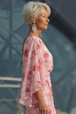 Dusty Rose Floral Chiffon Mother of the Bride Dress with Flared Sleeves