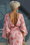 Dusty Rose Floral Chiffon Mother of the Bride Dress with Flared Sleeves