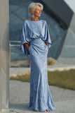 Dusty Blue Floral Sheath Ruched Mother of the Bride Dress with Flared Sleeves