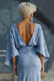 Dusty Blue Floral Sheath Ruched Mother of the Bride Dress with Flared Sleeves