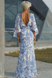 Blue Floral Sheath Mother of the Bride Dress with Flared Sleeves
