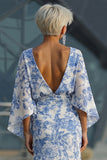 Blue Floral Sheath Mother of the Bride Dress with Flared Sleeves