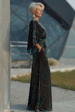 Dark Green Printed Sheath Ruched Mother of the Bride Dress with Flared Sleeves