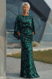 Peacock Blue Printed Sheath Mother of the Bride Dress with Flared Sleeves