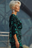 Peacock Blue Printed Sheath Mother of the Bride Dress with Flared Sleeves