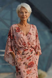 Dusty Rose Floral V Neck Sheath Mother of the Bride Dress with Flared Sleeves