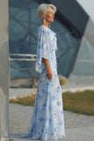 Light Blue Printed Sheath Mother of the Bride Dress with Flared Sleeves