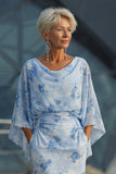 Light Blue Printed Sheath Mother of the Bride Dress with Flared Sleeves