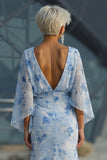 Light Blue Printed Sheath Mother of the Bride Dress with Flared Sleeves
