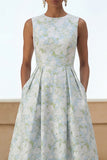 White Blue Flower A Line Round Neck Midi Dress with Pockets