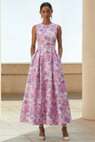 Lilac Flower Printed A Line Round Neck Midi Dress with Pockets
