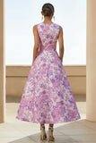 Lilac Flower Printed A Line Round Neck Midi Dress with Pockets
