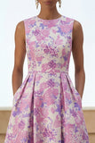 Lilac Flower Printed A Line Round Neck Midi Dress with Pockets