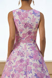 Lilac Flower Printed A Line Round Neck Midi Dress with Pockets