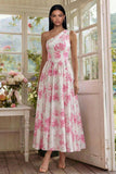 White Fuchsia Flower Printed One Shoulder A Line Midi Dress