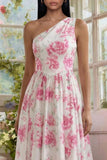 White Fuchsia Flower Printed One Shoulder A Line Midi Dress