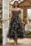 Black Off the Shoulder Flower Corset Appliqued A Line Tulle Midi Dress